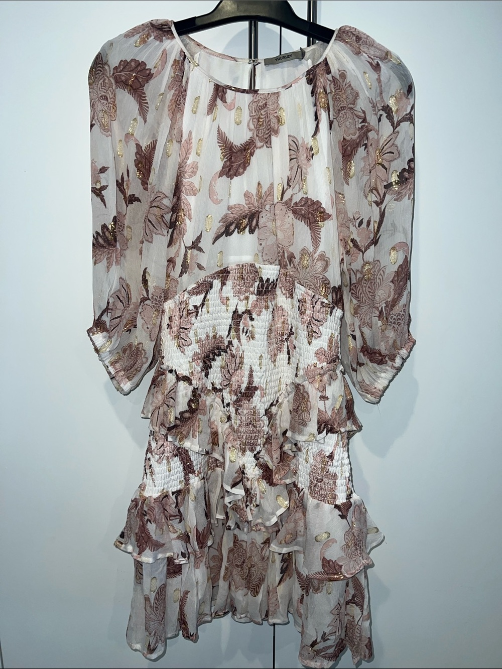 Thurley Sheer Floral Ruffle Dress in Blush & Gold